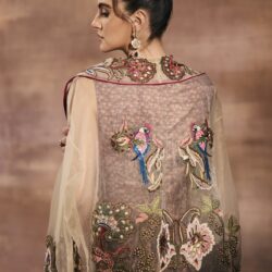 Turkish Print Gown With Organza Embroidered Cape