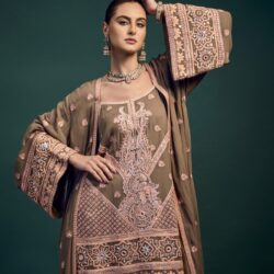 mughal embroidered long jacket with spegi kurti and silk drape pants