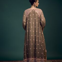 mughal embroidered long jacket with spegi kurti and silk drape pants
